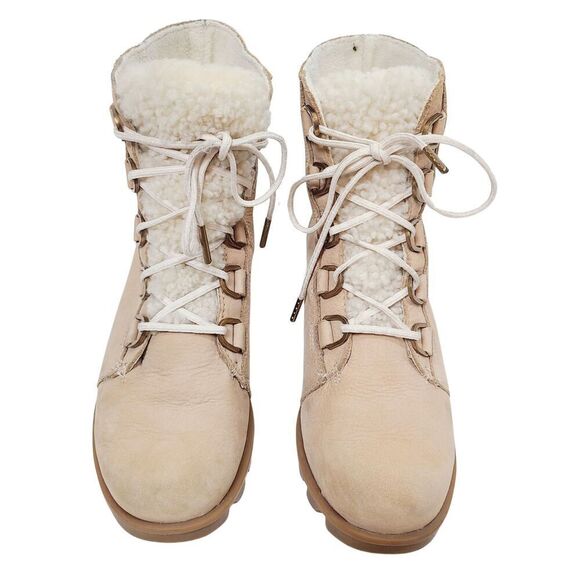 Sorel Boots Phoenix Ankle Boots 7.5 Beige Leather Sherpa Trim Waterproof Lace Up - Picture 2 of 10